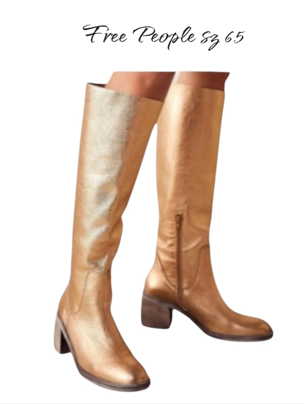 Free People Essential Tall Slouch Metallic Gold Leather Knee High Boots Sz 6.5